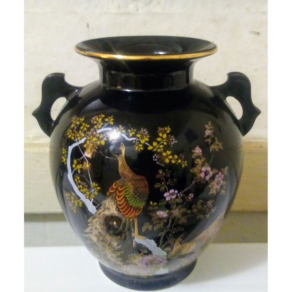 Porcelain Vase Peacocks Black Gold  ASAHI Japan